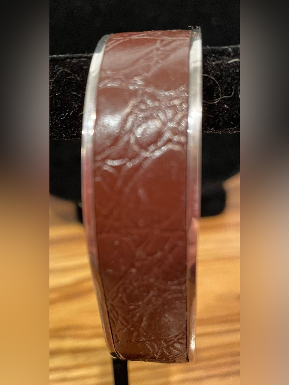 Sterling Silver Brown Leather Inlay Adjustable Cuff Bracelet Excellent Shape - Picture 5 of 8
